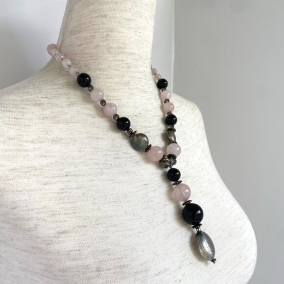 Sterling Silver 925 Rose Quartz Black Onyx Beaded Y Necklace 18.5" 81g Stone - Picture 3 of 16